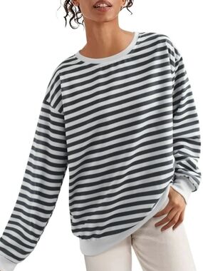 Comfy Striped Sweatshirt Black/Navy Blue Stripes, White Trim On Hem, Long-sleeve